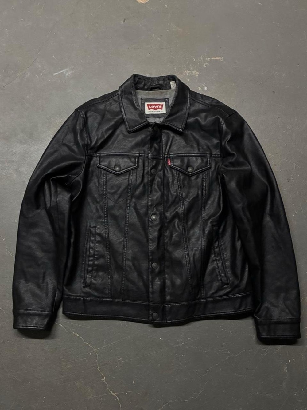 Levi's Black Faux Leather Trucker Bomber Jacket Men’s Large Biker